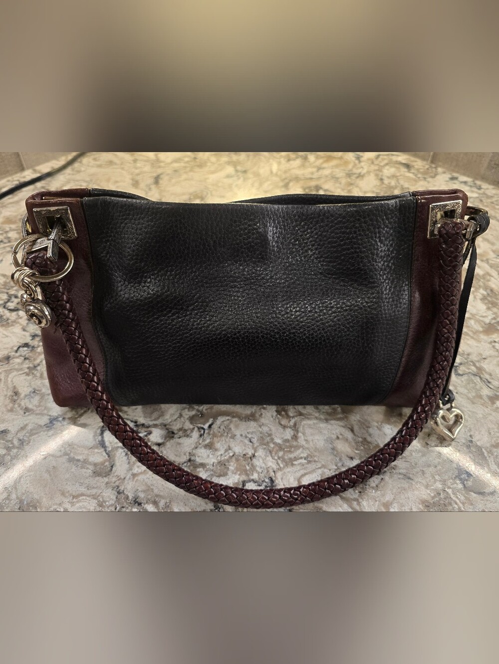 BRIGHTON "Charlotte" Vintage Two-Tone Black/Brown Braided-Handle Shoulder Bag